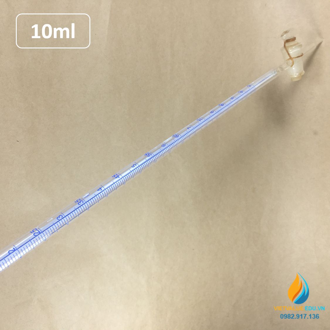 Buret khóa thủy tinh 10ml có bạc chao, có vạch chia, thủy tinh trong suốt
