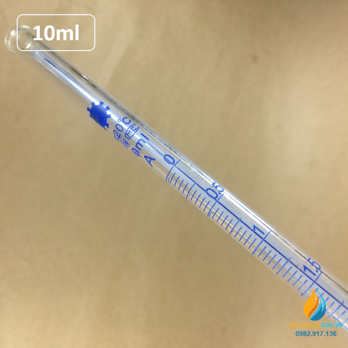 Buret khóa thủy tinh 10ml có bạc chao, có vạch chia, thủy tinh trong suốt