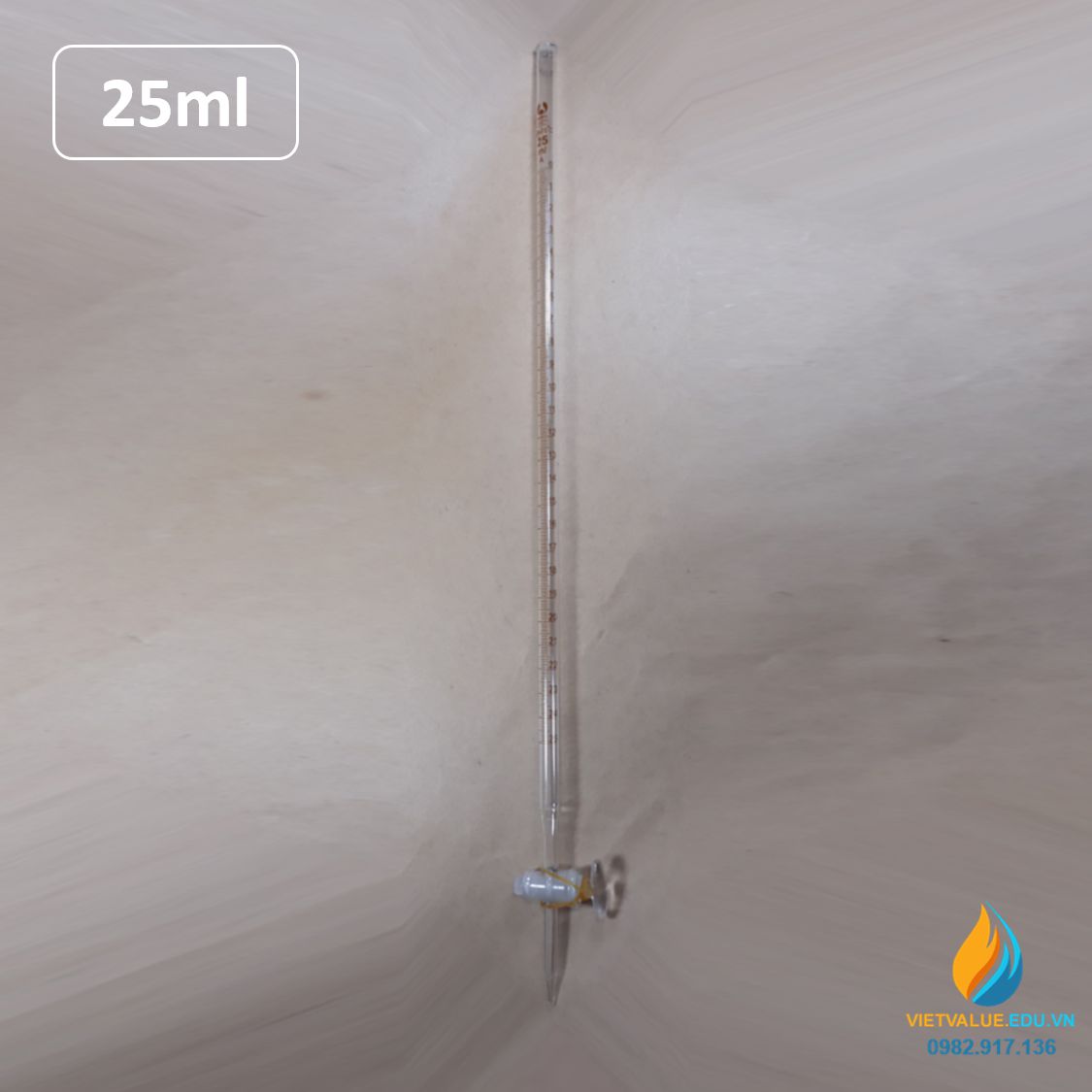 Buret khóa thủy tinh 25ml có bạc chao, có vạch chia, thủy tinh trong suốt