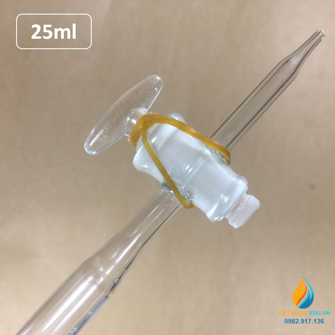 Buret khóa thủy tinh 25ml có bạc chao, có vạch chia, thủy tinh trong suốt