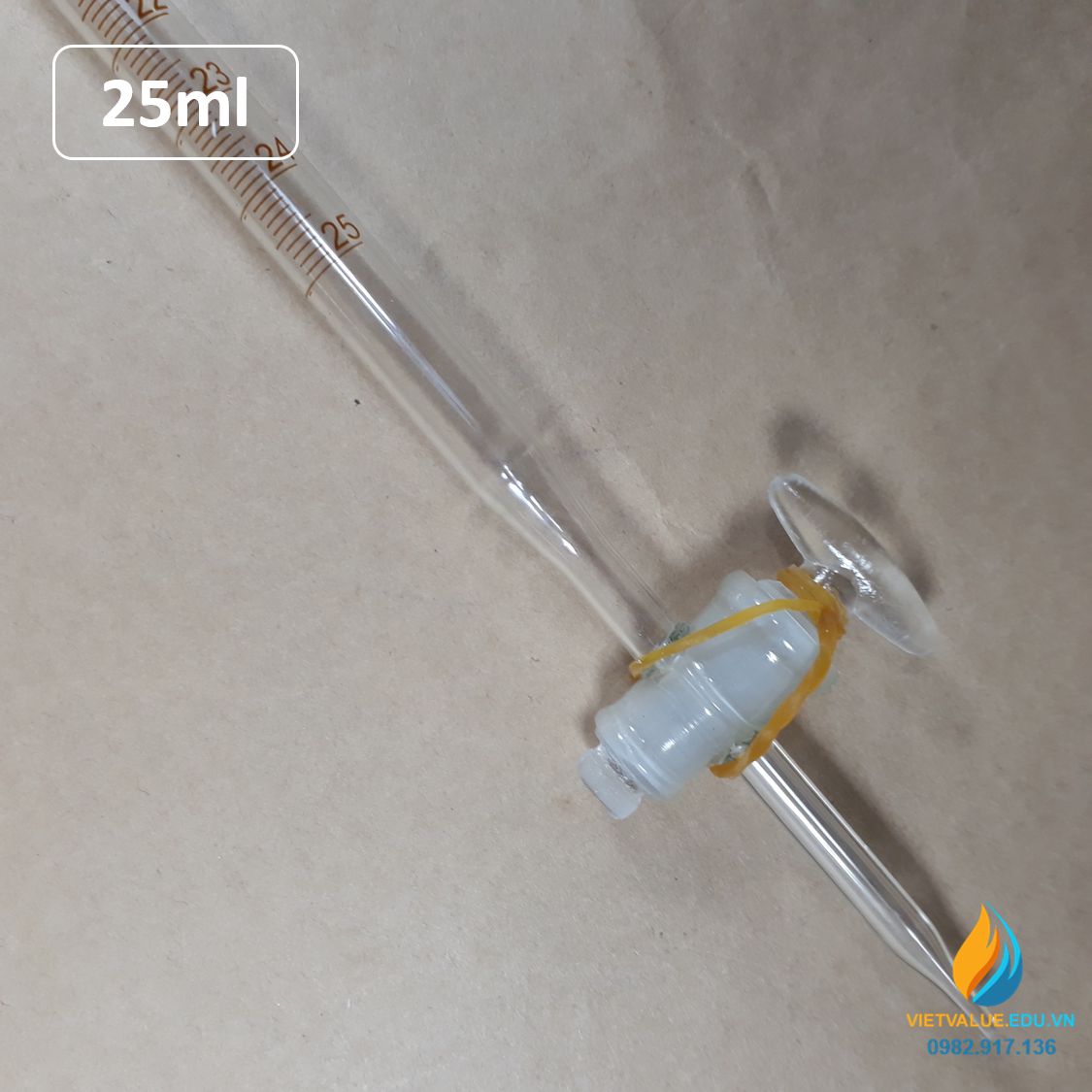Buret khóa thủy tinh 25ml có bạc chao, có vạch chia, thủy tinh trong suốt