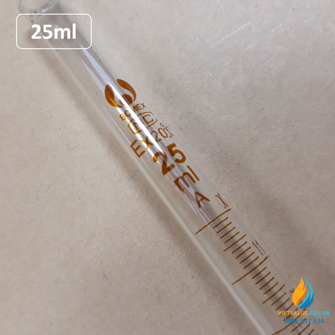 Buret khóa thủy tinh 25ml có bạc chao, có vạch chia, thủy tinh trong suốt