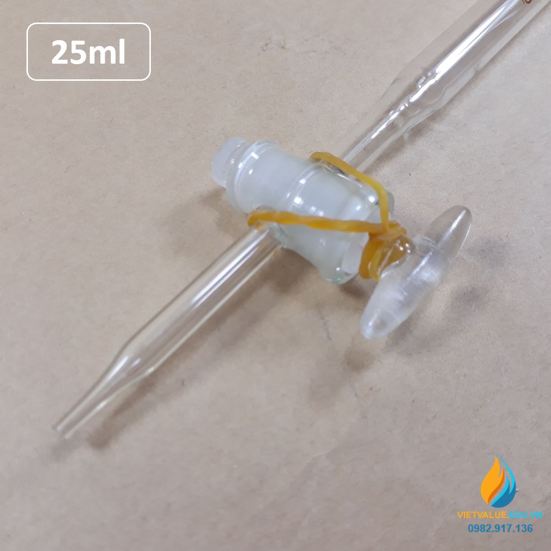 Buret khóa thủy tinh 25ml có bạc chao, có vạch chia, thủy tinh trong suốt