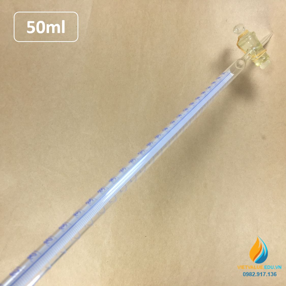 Buret khóa thủy tinh 50ml có bạc chao, vạch chia, thủy tinh trong suốt