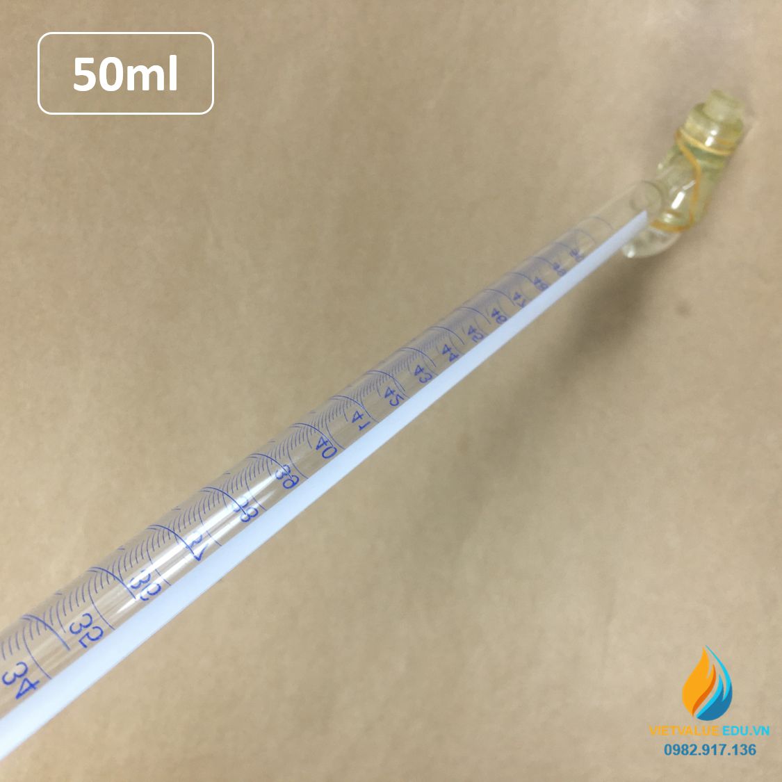 Buret khóa thủy tinh 50ml có bạc chao, vạch chia, thủy tinh trong suốt