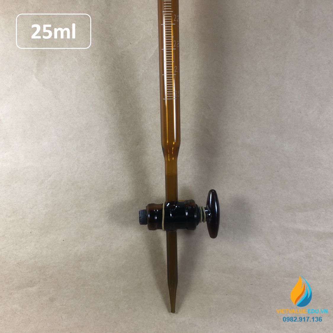 Buret khóa thủy tinh, vạch chia, màu nâu hổ phách, dung tích 25ml, không bạc chao