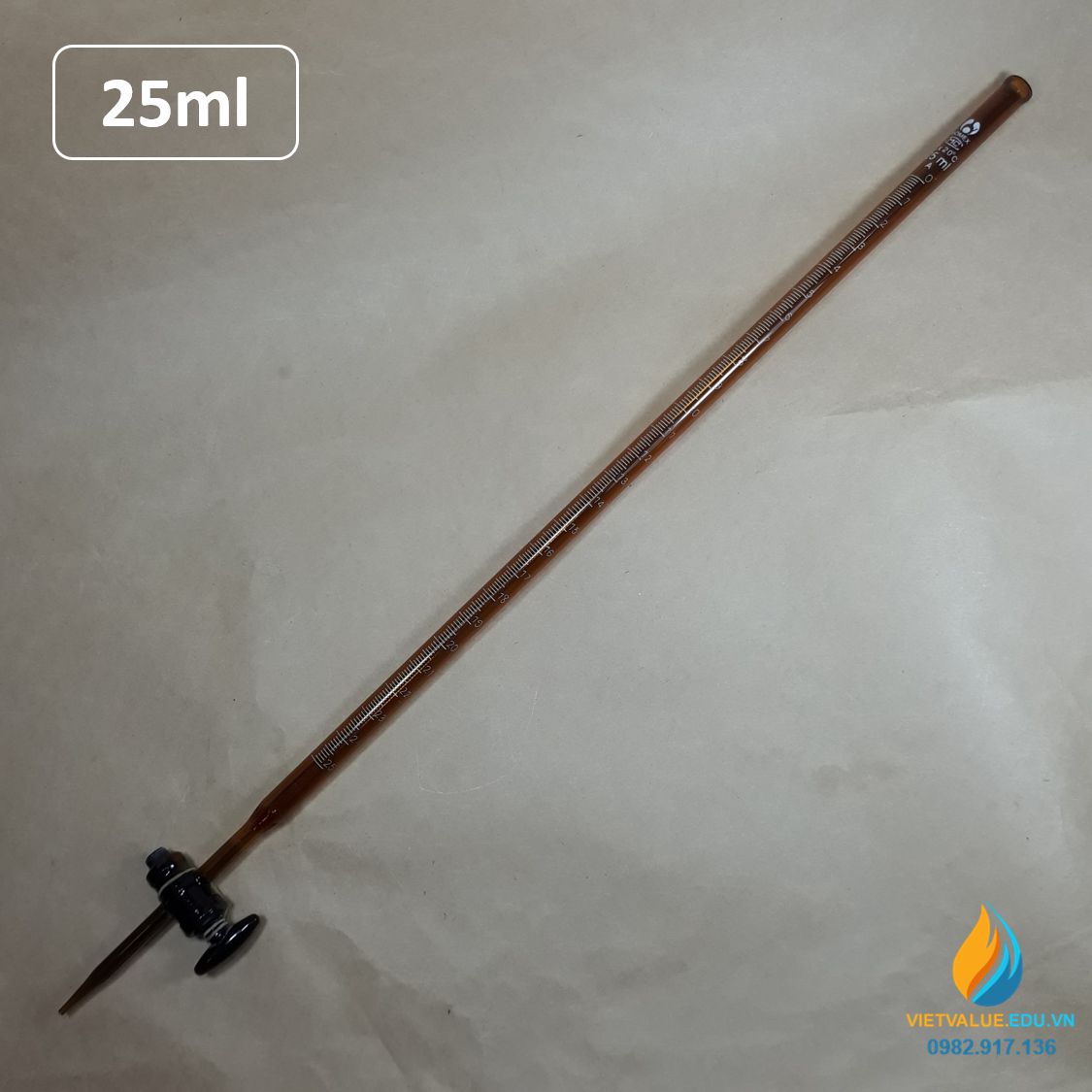 Buret khóa thủy tinh, vạch chia, màu nâu hổ phách, dung tích 25ml, không bạc chao