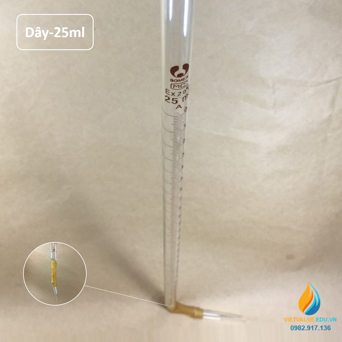 Buret thủy tinh, khóa dây dung tích 25ml, vạch chia hãng Bomex, không bạc chao