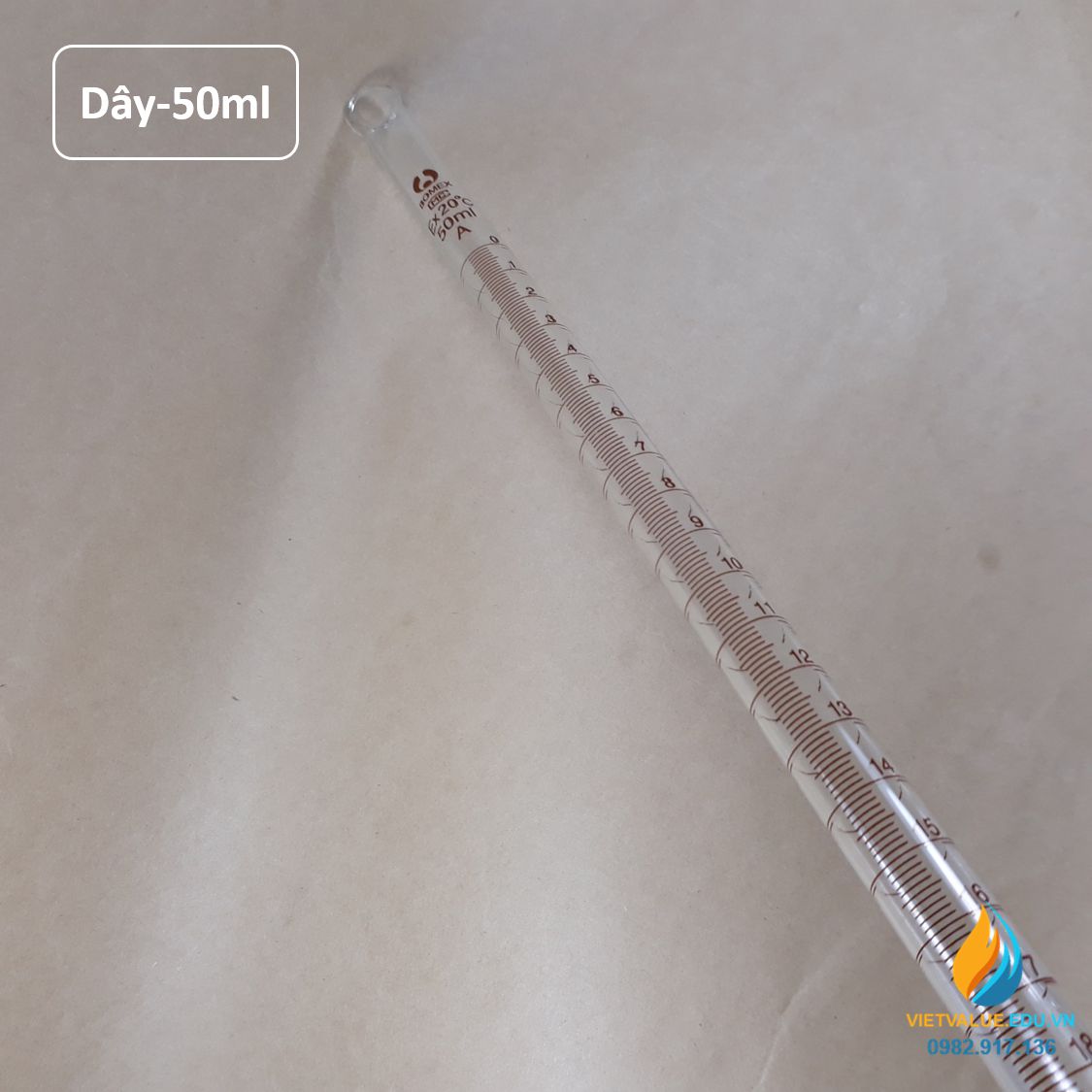 Buret thủy tinh, khóa dây dung tích 50ml, vạch chia hãng Bomex, không bạc chao