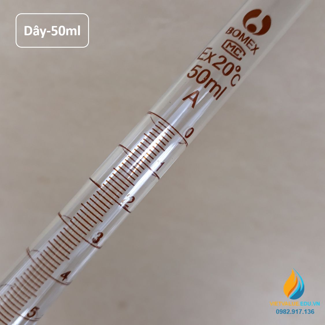 Buret thủy tinh, khóa dây dung tích 50ml, vạch chia hãng Bomex, không bạc chao