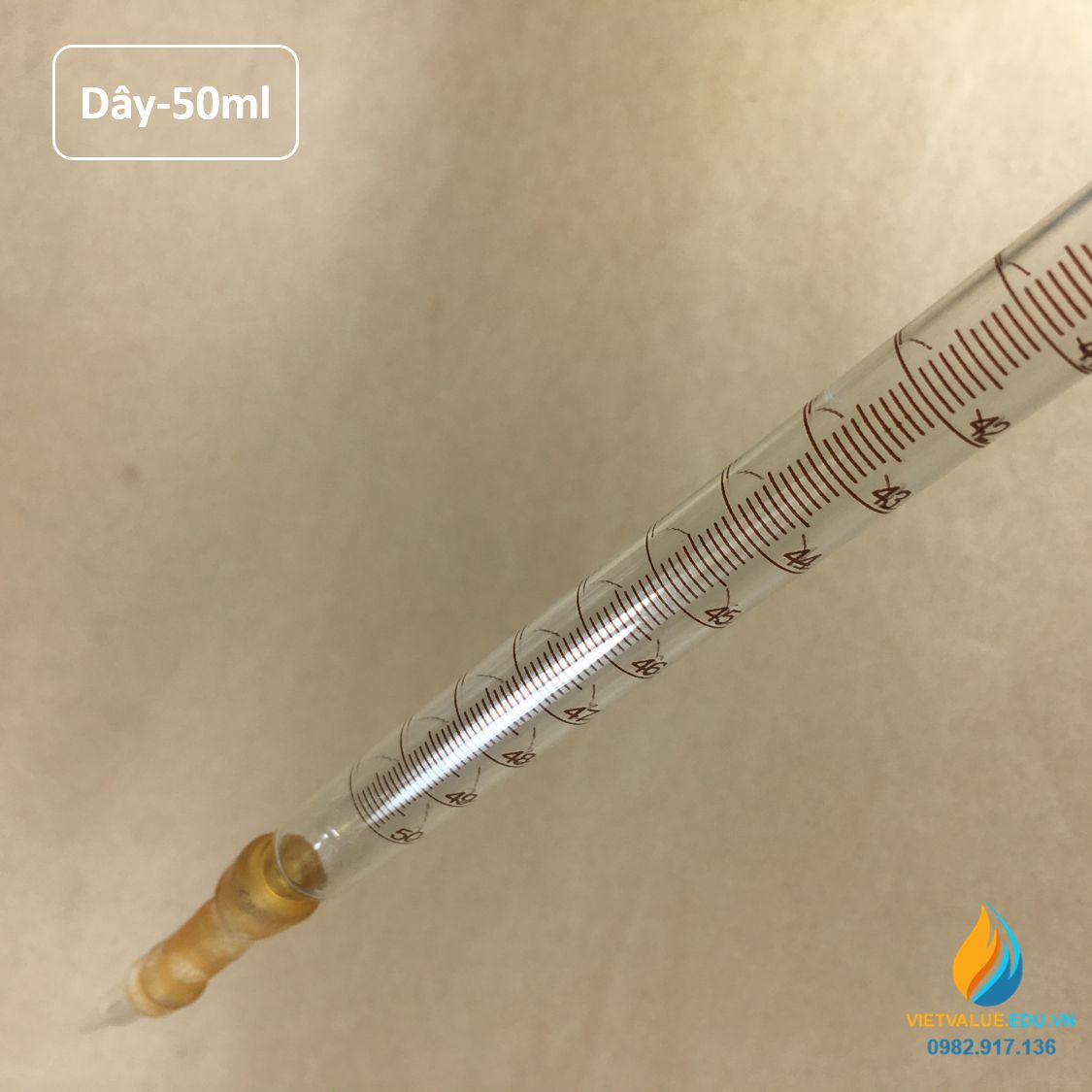 Buret thủy tinh, khóa dây dung tích 50ml, vạch chia hãng Bomex, không bạc chao