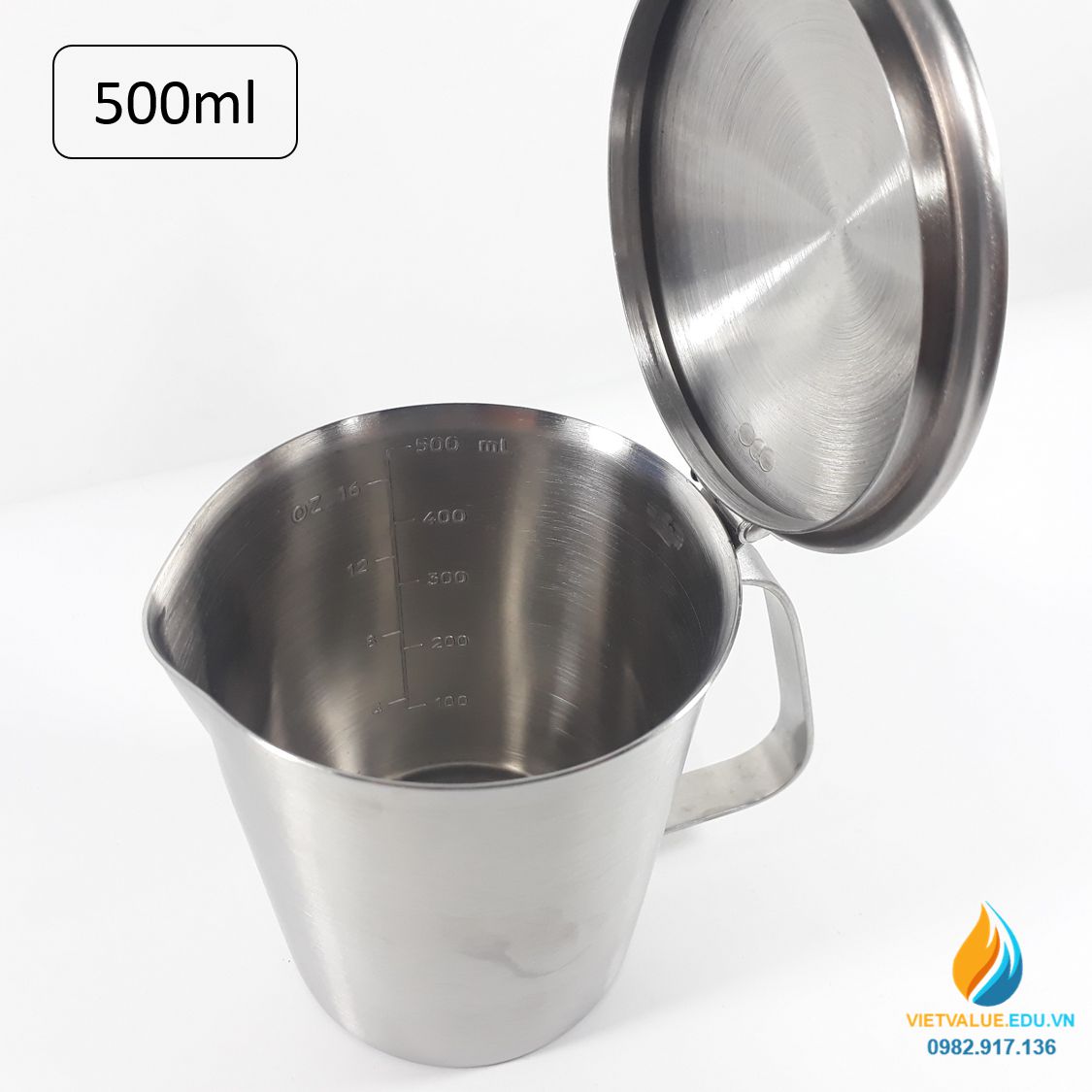 Ca Inox 304 có nắp, dung tích 500ml, vạch chia, có quai, có cỏ rót