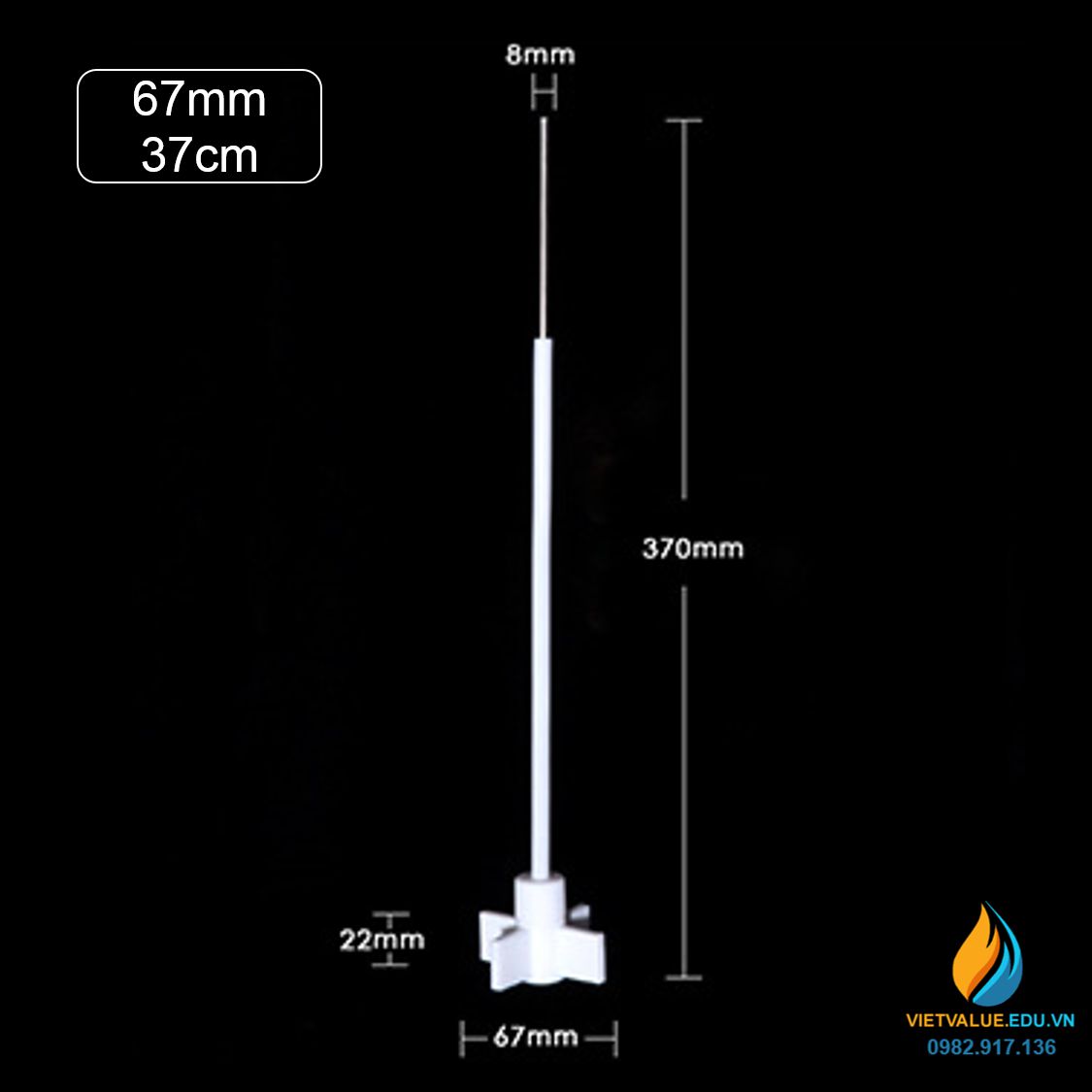 Cánh khuấy nhựa PTFE 2 lưỡi vuông 65mm, chiều dài tổng 420mm