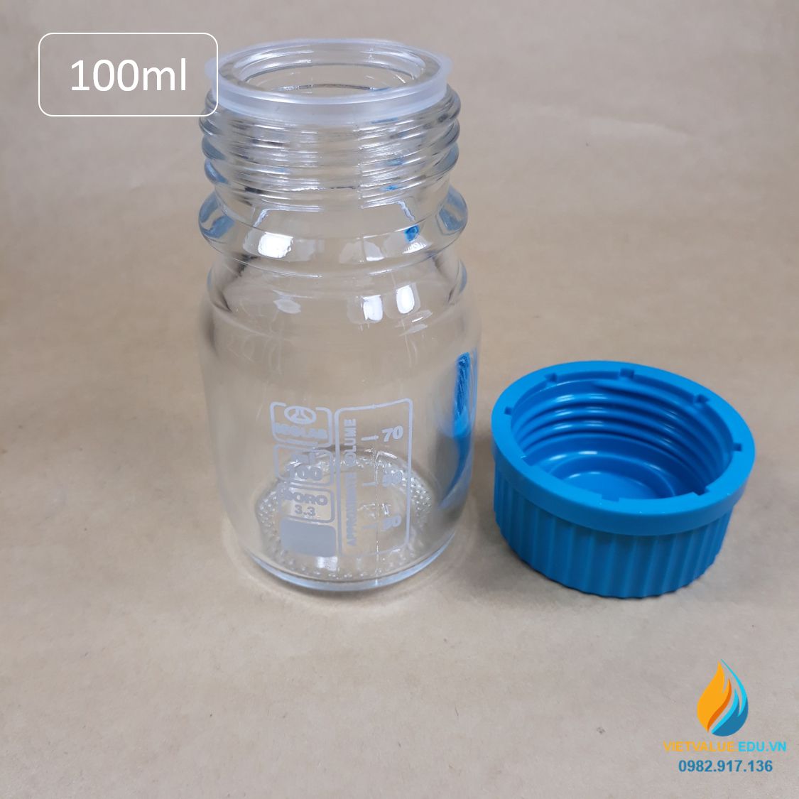 Chai thủy tinh trung tính 100ml isolab chịu nhiệt 140 độ C