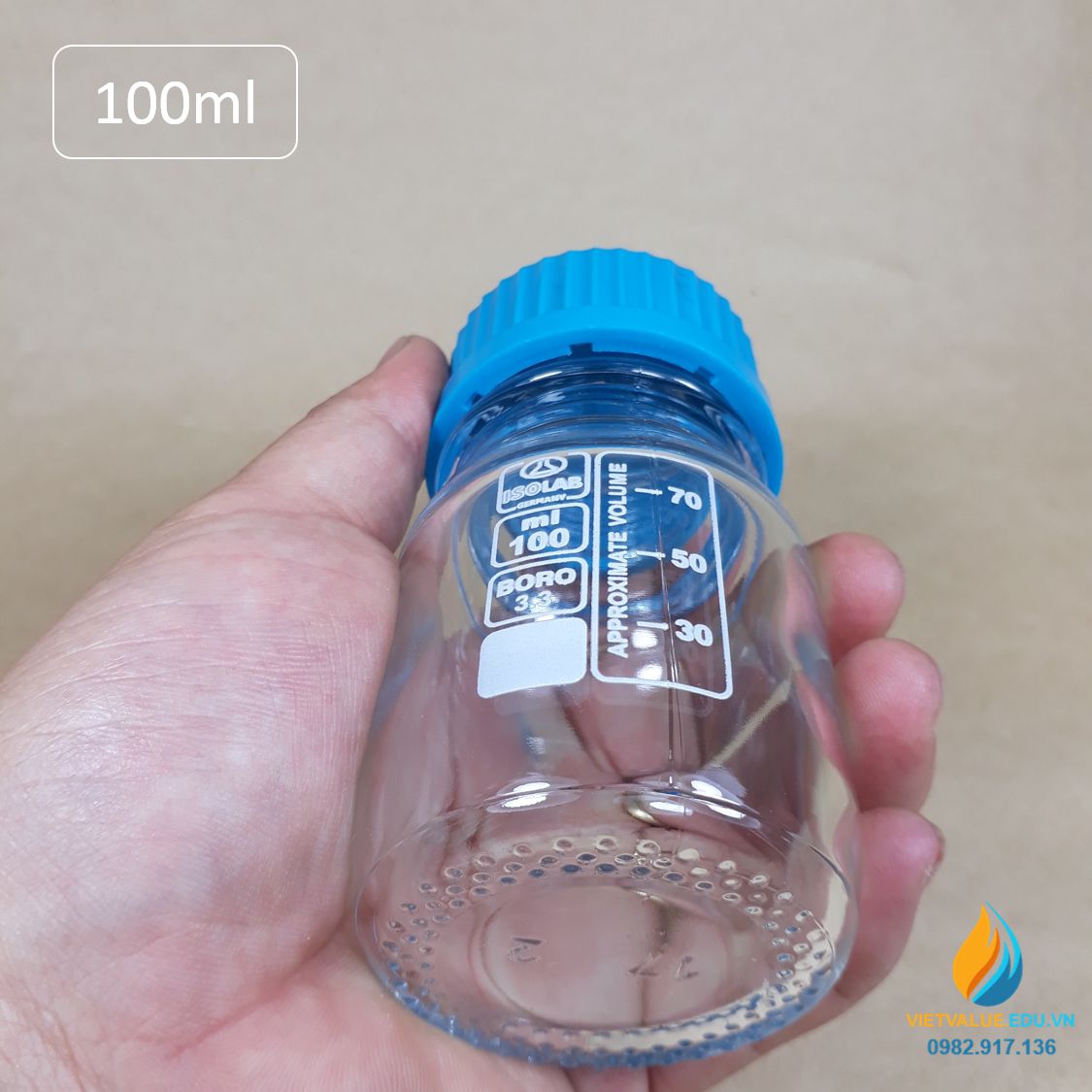Chai thủy tinh trung tính 100ml isolab chịu nhiệt 140 độ C