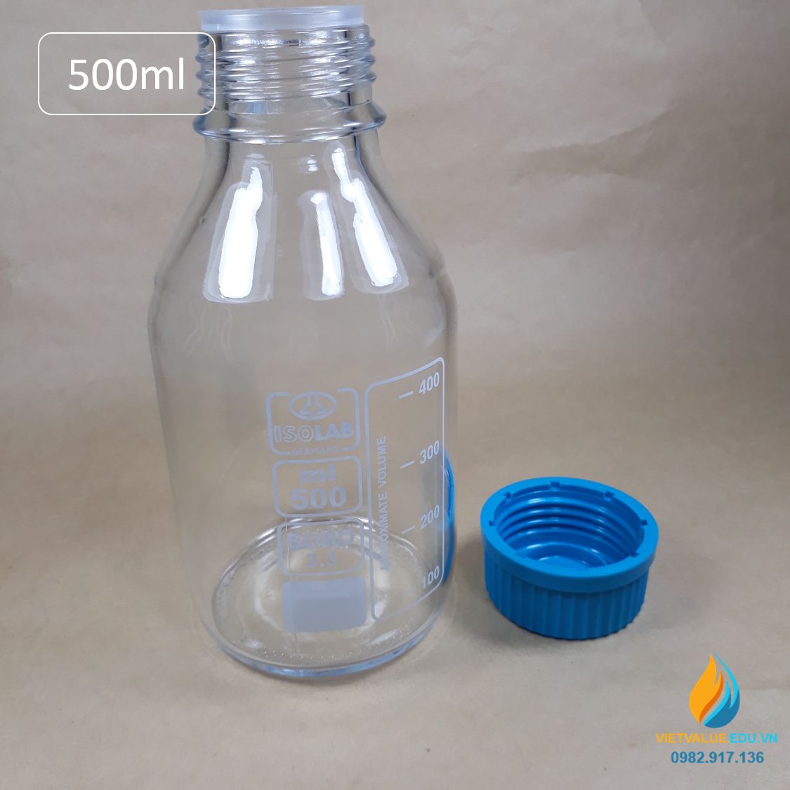 Chai thủy tinh trung tính 500ml isolab chịu nhiệt 140 độ C