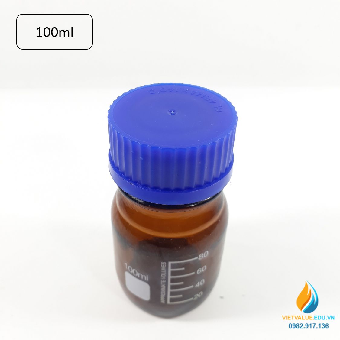 Chai trung tính 100ml màu nâu hổ phách, nắp vặn xanh, chịu nhiệt