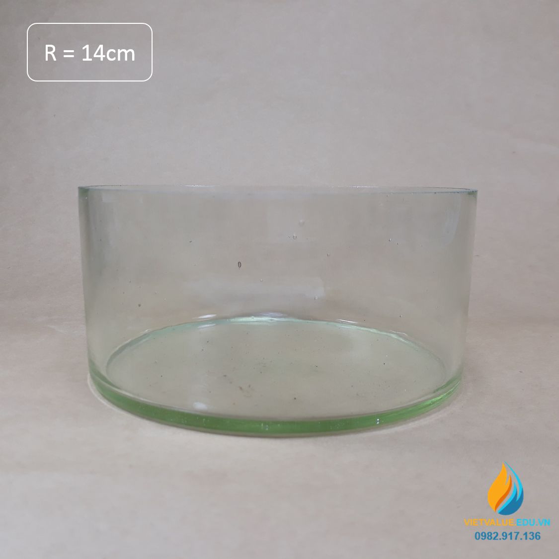 Chậu rửa thủy tinh đường kính 14cm, thành cao 10cm dày 3.5mm