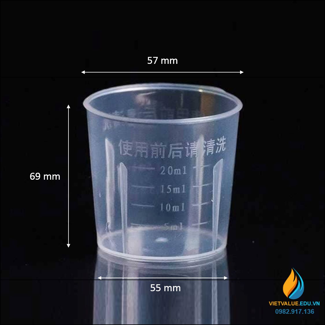 Cốc lưu mẫu có chia vạch 20ml, không có mỏ rót, nhựa PP cao cấp