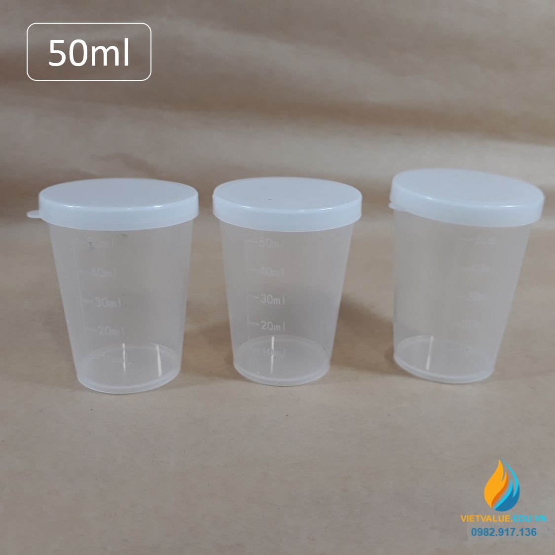 Cốc nhựa lưu mẫu, vạch chia, có nắp, dung tích 50ml, nhựa PP