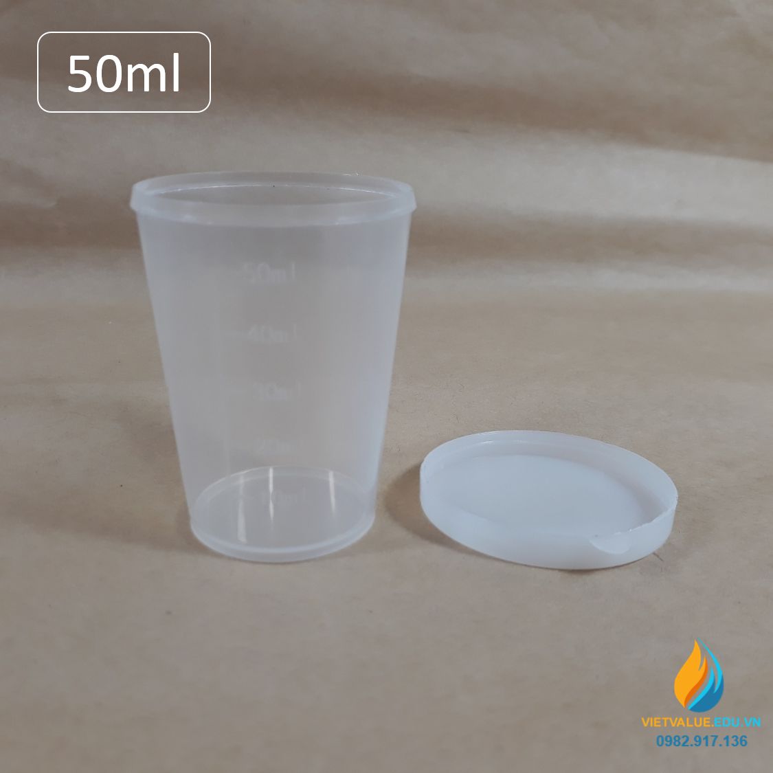 Cốc nhựa lưu mẫu, vạch chia, có nắp, dung tích 50ml, nhựa PP