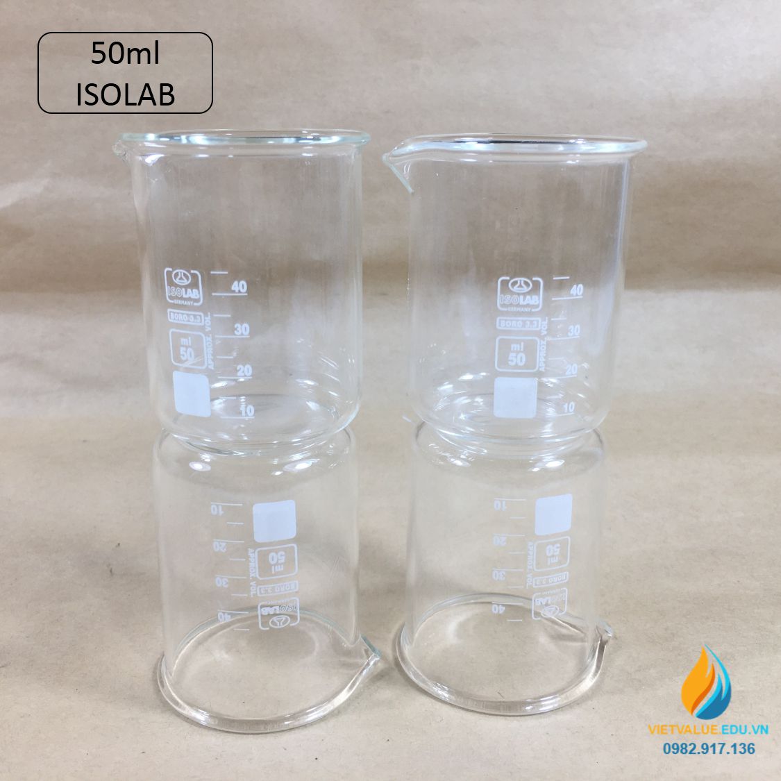 Cốc thủy tinh chịu nhiệt, thấp thành, dung tích 50ml, hãng IsoLab