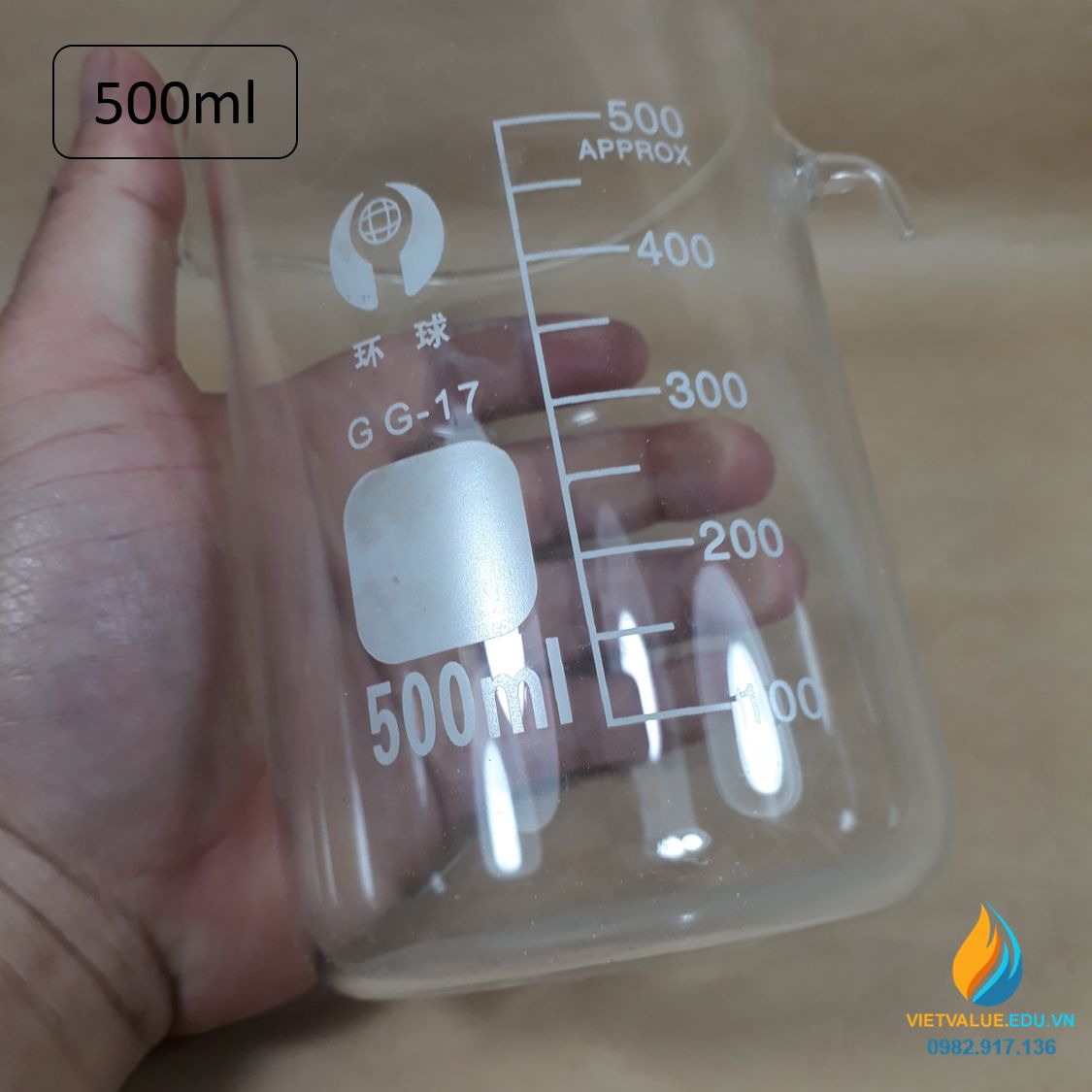 Cốc thủy tinh có vòi tràn, vạch chia, dung tích 500ml, hãng Bomex