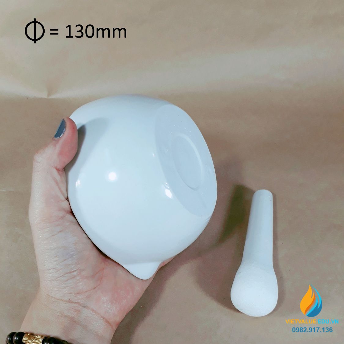 Cối chày sứ nghiền mẫu chất phòng thí nghiệm, đường kính 13cm