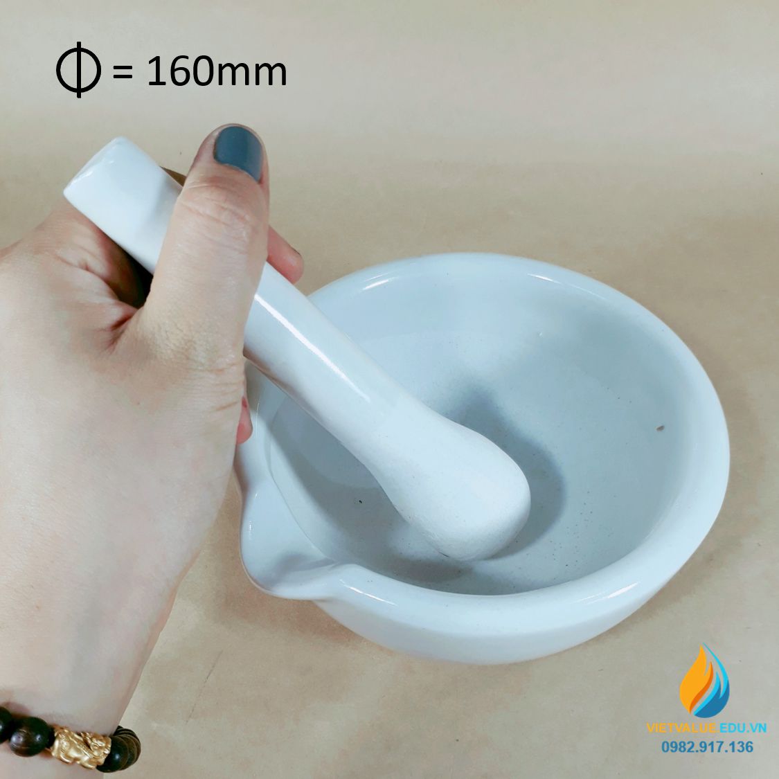 Cối chày sứ nghiền mẫu chất phòng thí nghiệm, đường kính 16cm