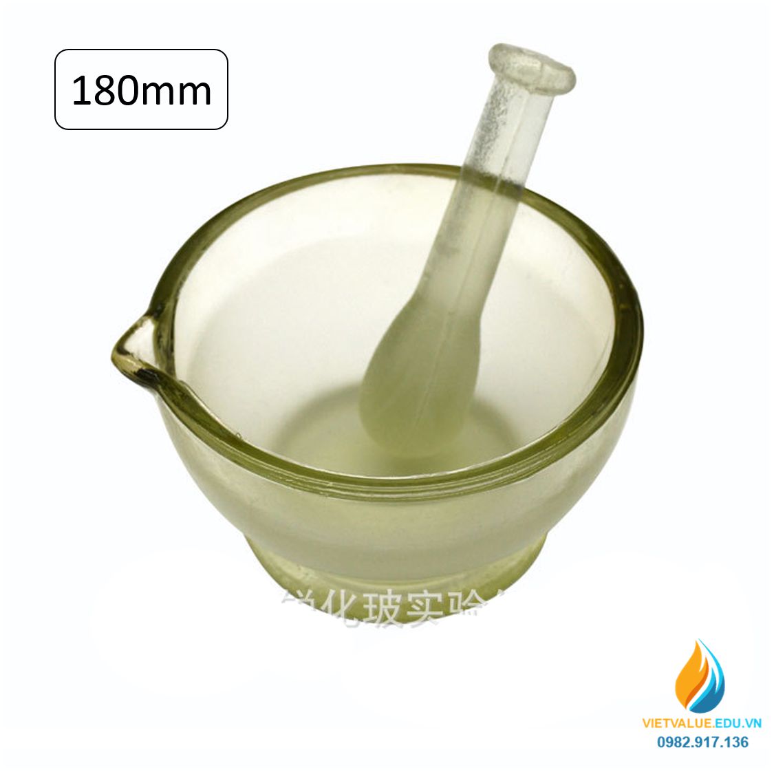 Cối cháy thủy tinh nghiền mẫu chất, đường kính miệng 180mm, trong suốt