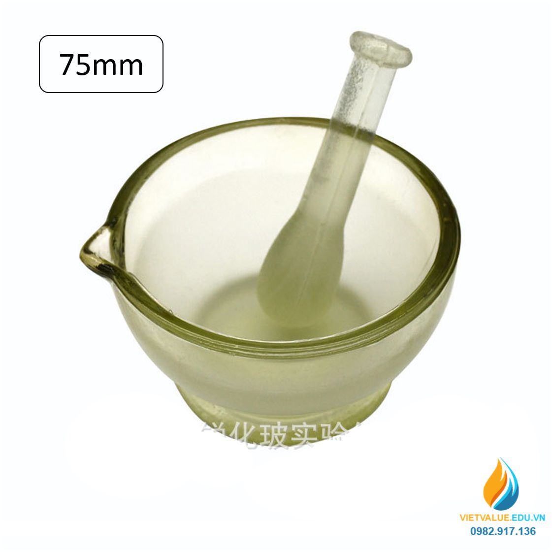 Cối cháy thủy tinh nghiền mẫu chất, đường kính miệng 75mm, trong suốt