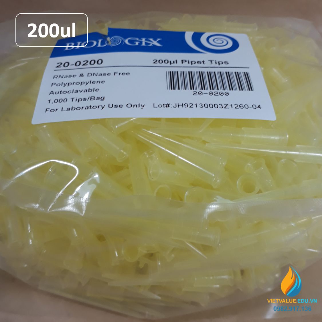 Đầu côn vàng, dung tích 200ul, đóng gói túi 1000 cái, hãng Biologix Mỹ, tiệt trùng hoàn toàn