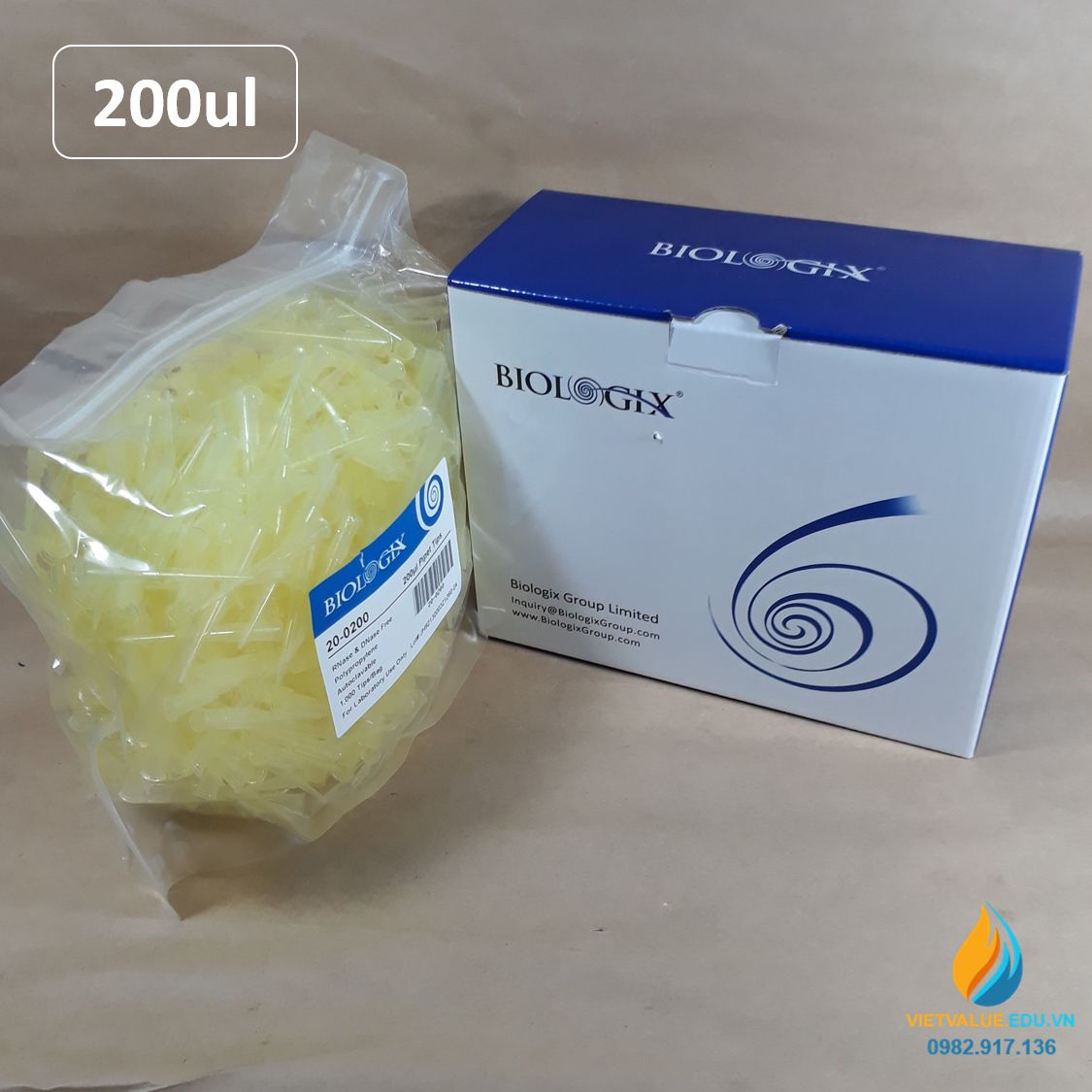 Đầu côn vàng, dung tích 200ul, đóng gói túi 1000 cái, hãng Biologix Mỹ, tiệt trùng hoàn toàn