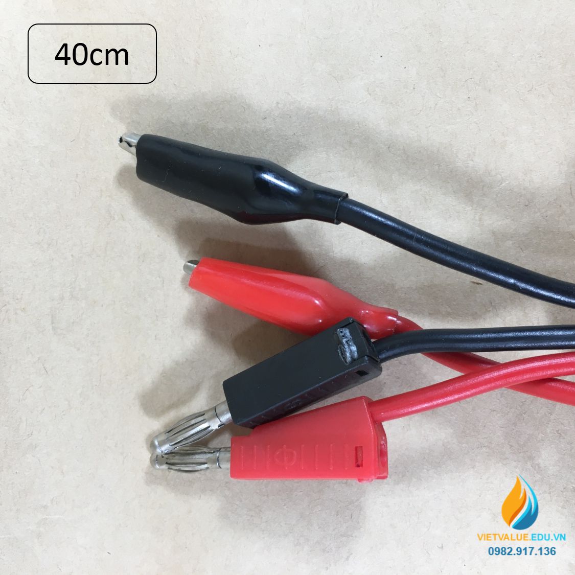 Dây nối đầu bắp chuối nối chồng, đầu kẹp cá sấu nhựa, chiều dài 40cm, chịu tải 10A