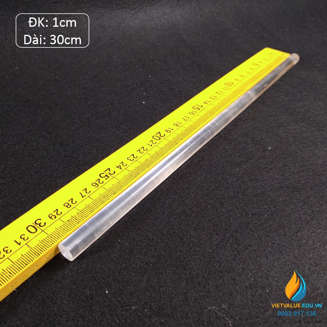 Đũa khuấy hóa chất bằng nhựa PC trong, đường kính 1cm, chiều dài 30cm