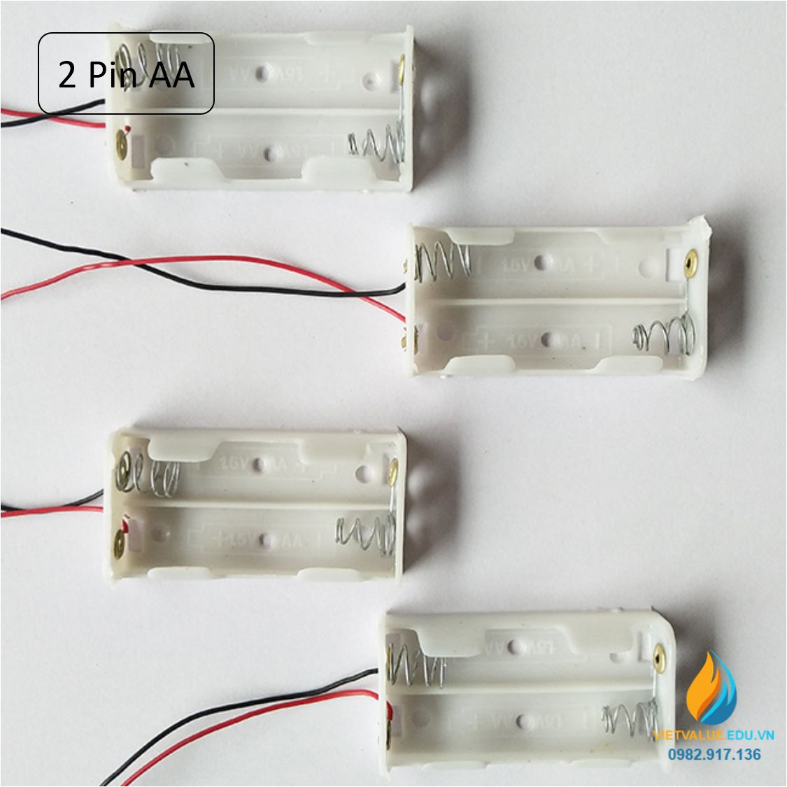 Gá lắp 2 pin tiểu AA, điện áp 3V, điểm tiếp đồng mạ niken, dây nối chờ 15cm, không công tắc