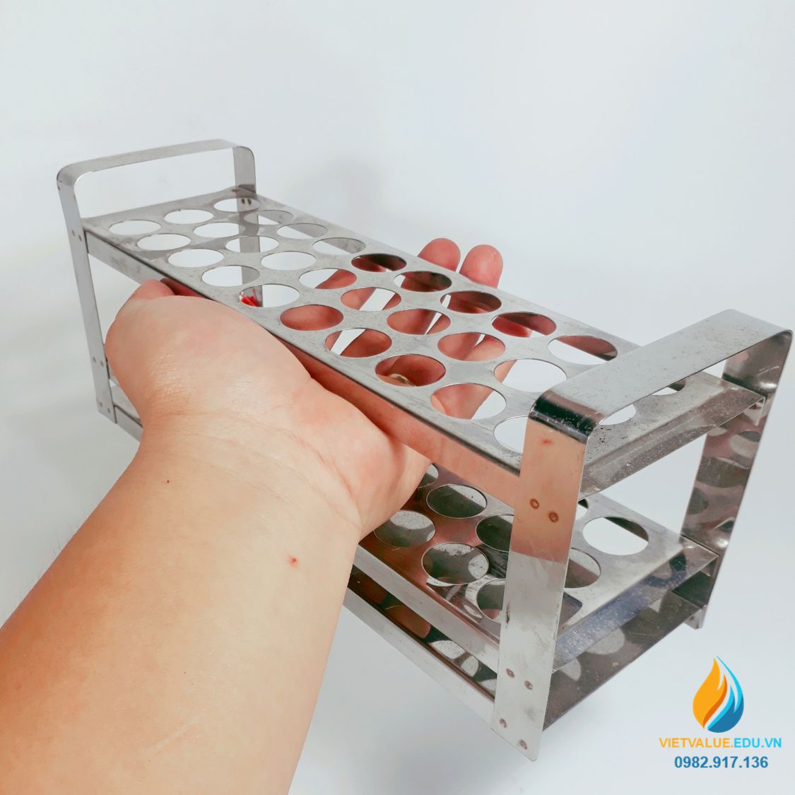 Giá inox 30 lỗ kích thước lỗ 23mm, giá inox đựng ống nghiệm 3 tầng