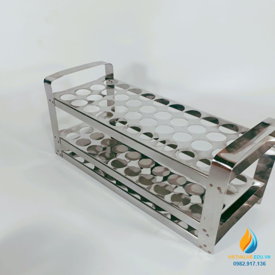 Giá inox 40 lỗ kích thước lỗ 23mm, giá inox đựng ống nghiệm 3 tầng