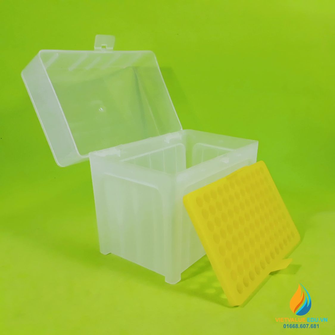 Hộp đầu côn 1ml, 96 lỗ, nhựa PP, khử trùng nhiệt độ cao, kích thước 12.5x8.5x11cm