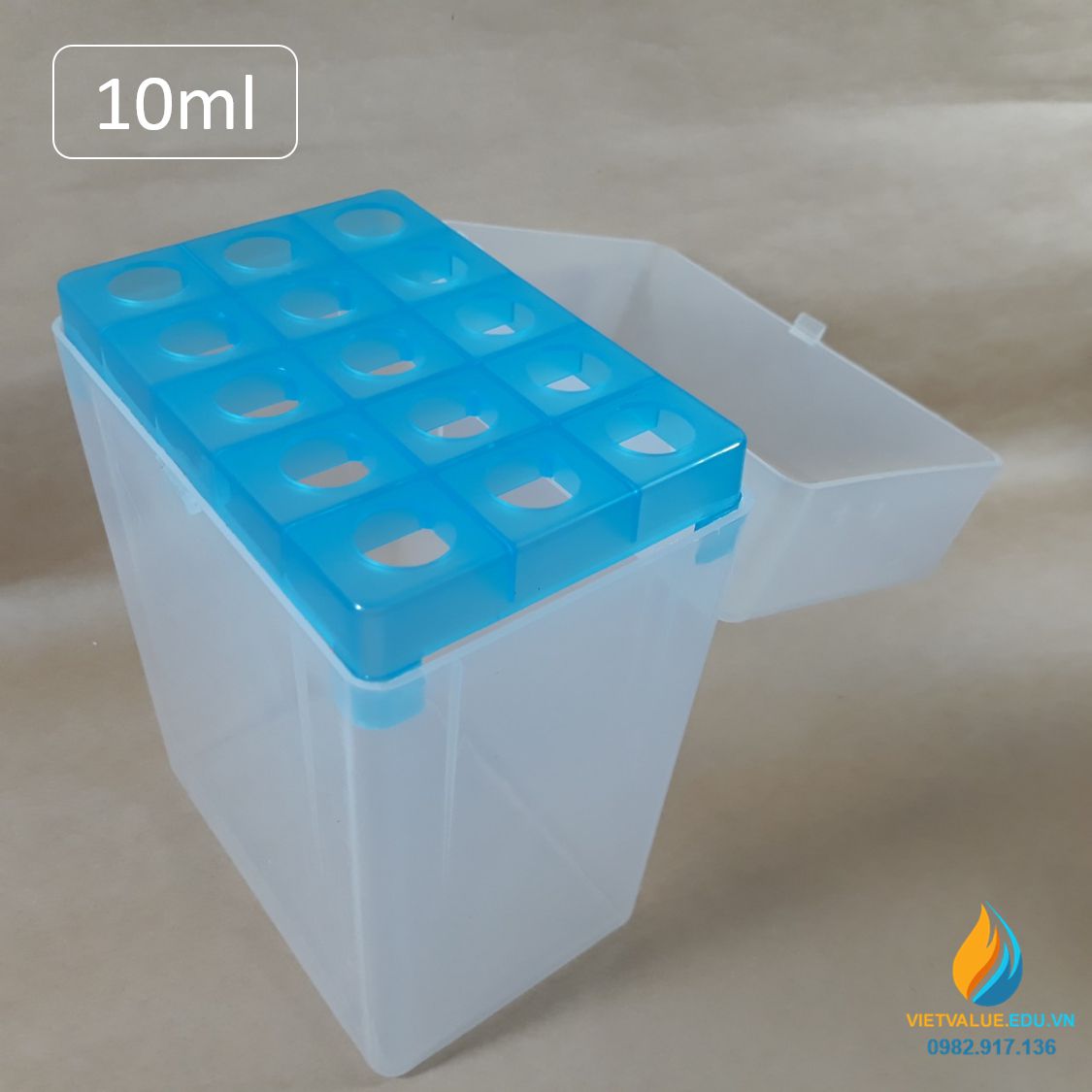 Hộp đựng đầu tip 10ml 12 lỗ, kích thước 12.3*9.3*18cm, lỗ đường kính 16,25mm