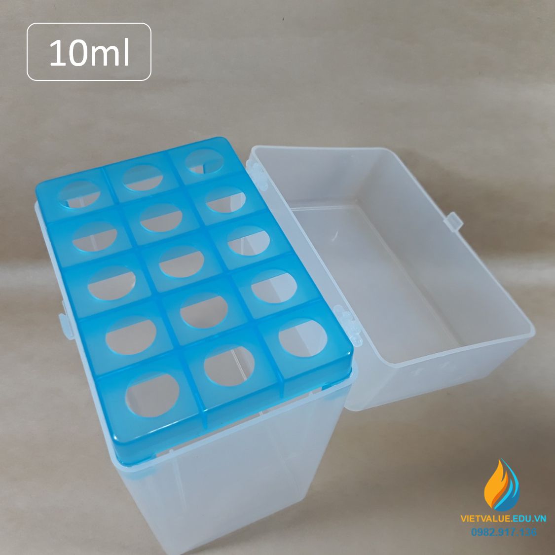 Hộp đựng đầu tip 10ml 12 lỗ, kích thước 12.3*9.3*18cm, lỗ đường kính 16,25mm