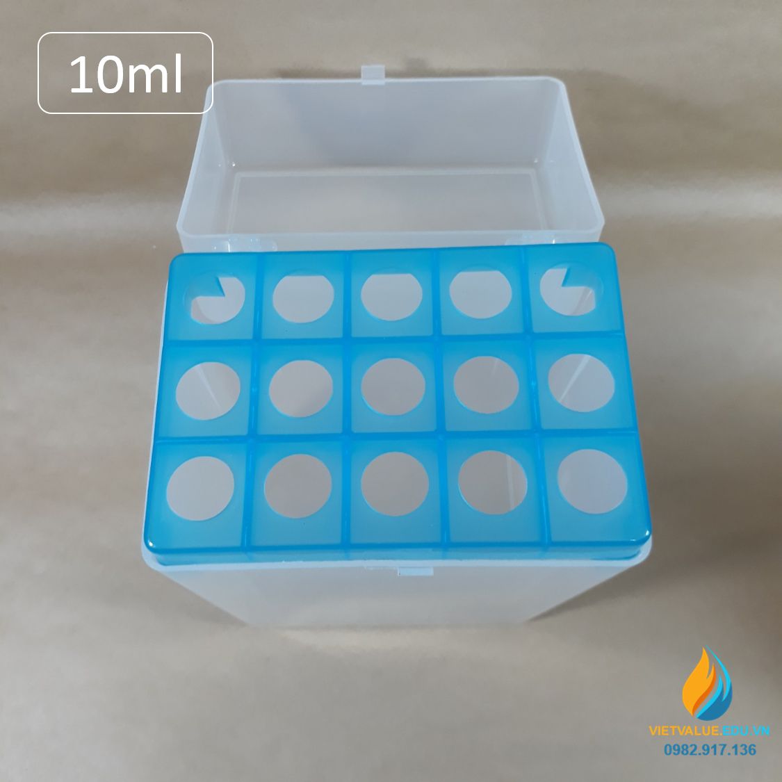 Hộp đựng đầu tip 10ml 12 lỗ, kích thước 12.3*9.3*18cm, lỗ đường kính 16,25mm