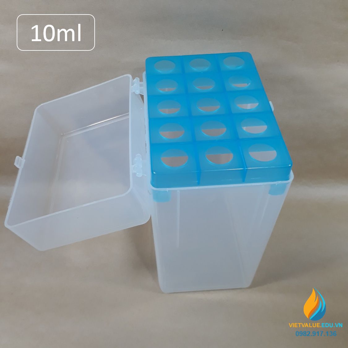 Hộp đựng đầu tip 10ml 12 lỗ, kích thước 12.3*9.3*18cm, lỗ đường kính 16,25mm