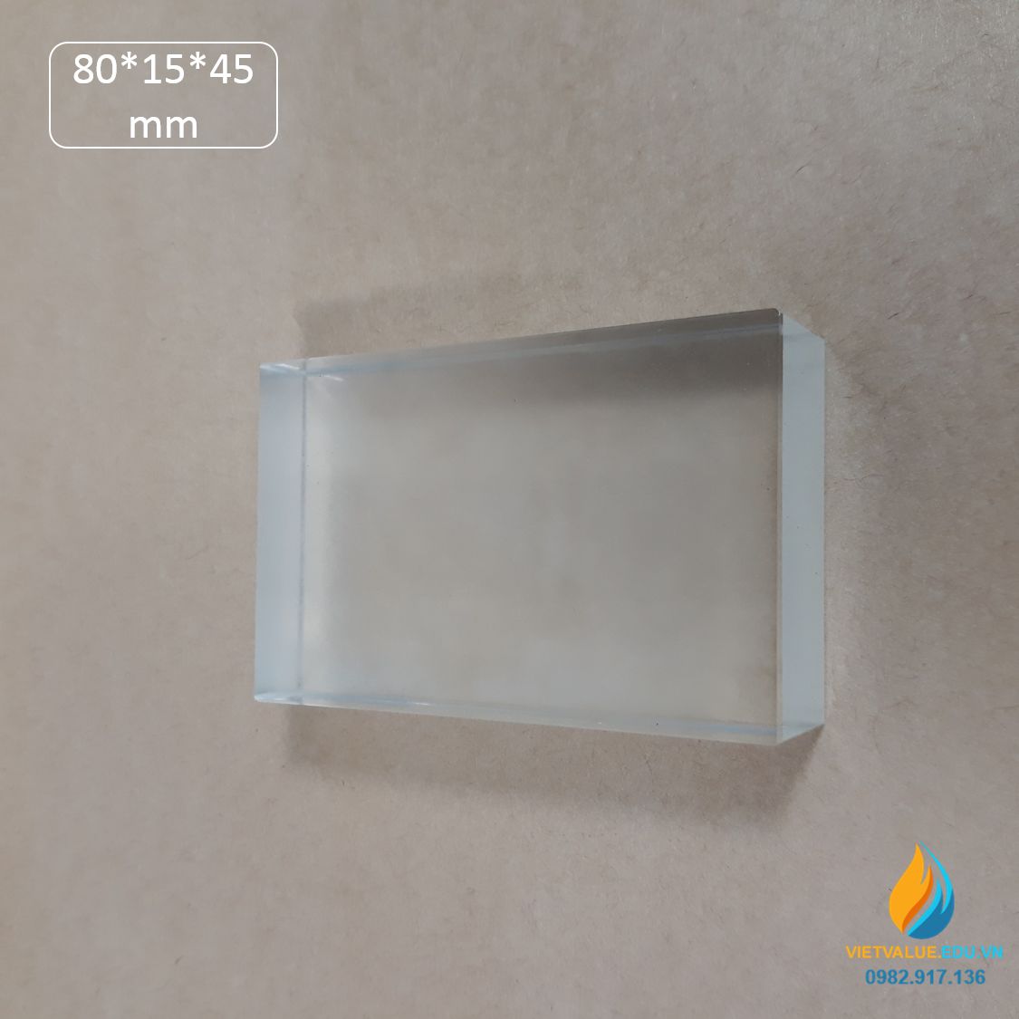 Khối trong suốt hình hộp chữ nhật, kích thước 80x15x45mm, dụng cụ thí nghiệm quang học