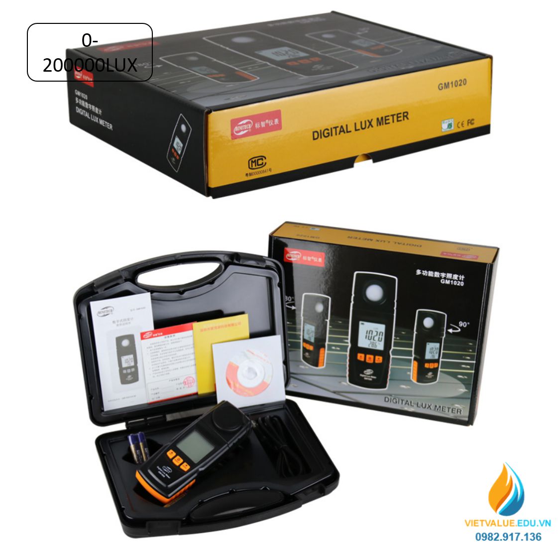 Máy đo ánh sáng model BENETECH GM1020 khoảng đo từ 0Lux-200000Lux, độ chính xác cao