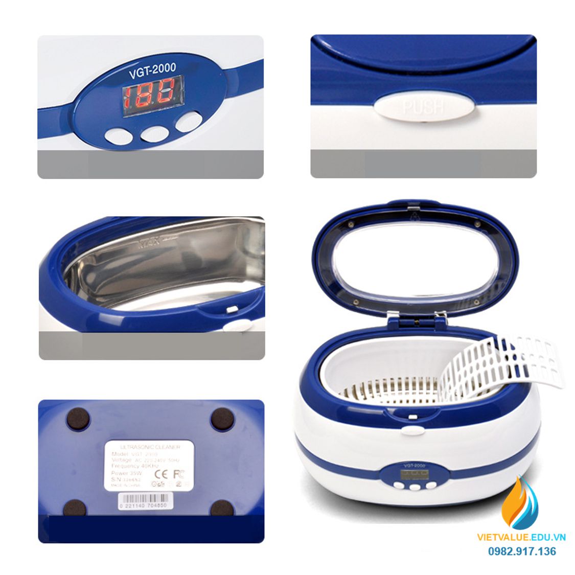 Máy làm sạch siêu âm VGT2000 dung tích bể rung 600ml 30W, tần số 40kHz