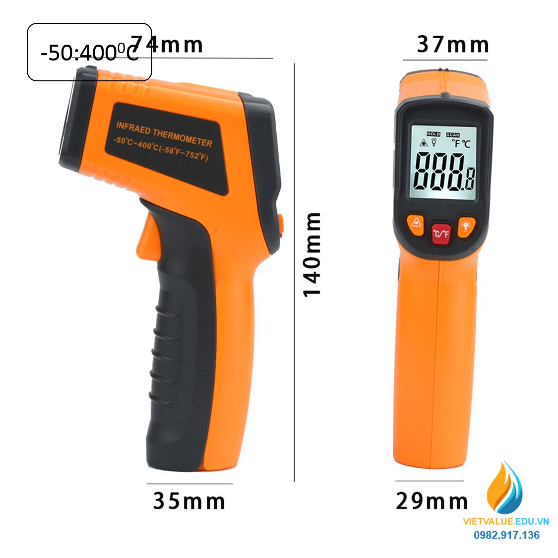 Nhiệt kế hồng ngoại MT380 khoảng đo từ -50 đến 400 độ C, sai số 0,1 độ C hiển thị LCD