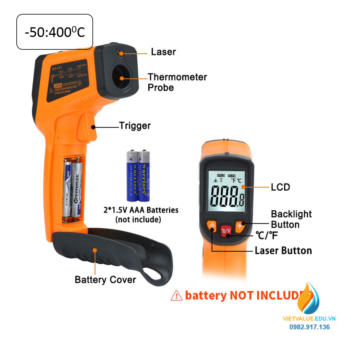 Nhiệt kế hồng ngoại MT380 khoảng đo từ -50 đến 400 độ C, sai số 0,1 độ C hiển thị LCD