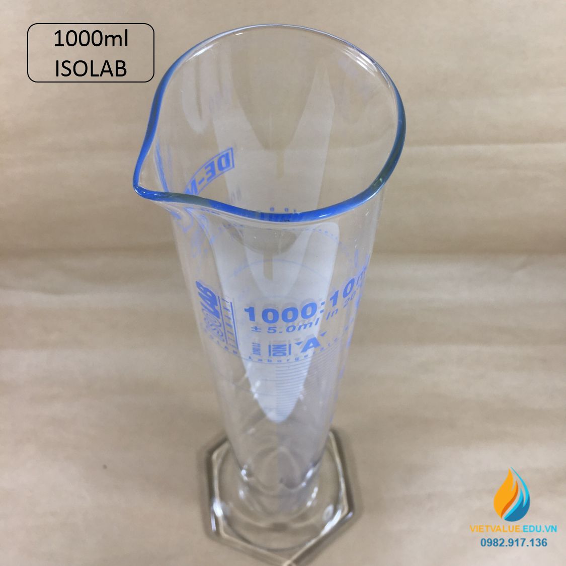 Ống đong thủy tinh, vạch chia, có chân đế, hãng IsoLab , dung tích 1000ml