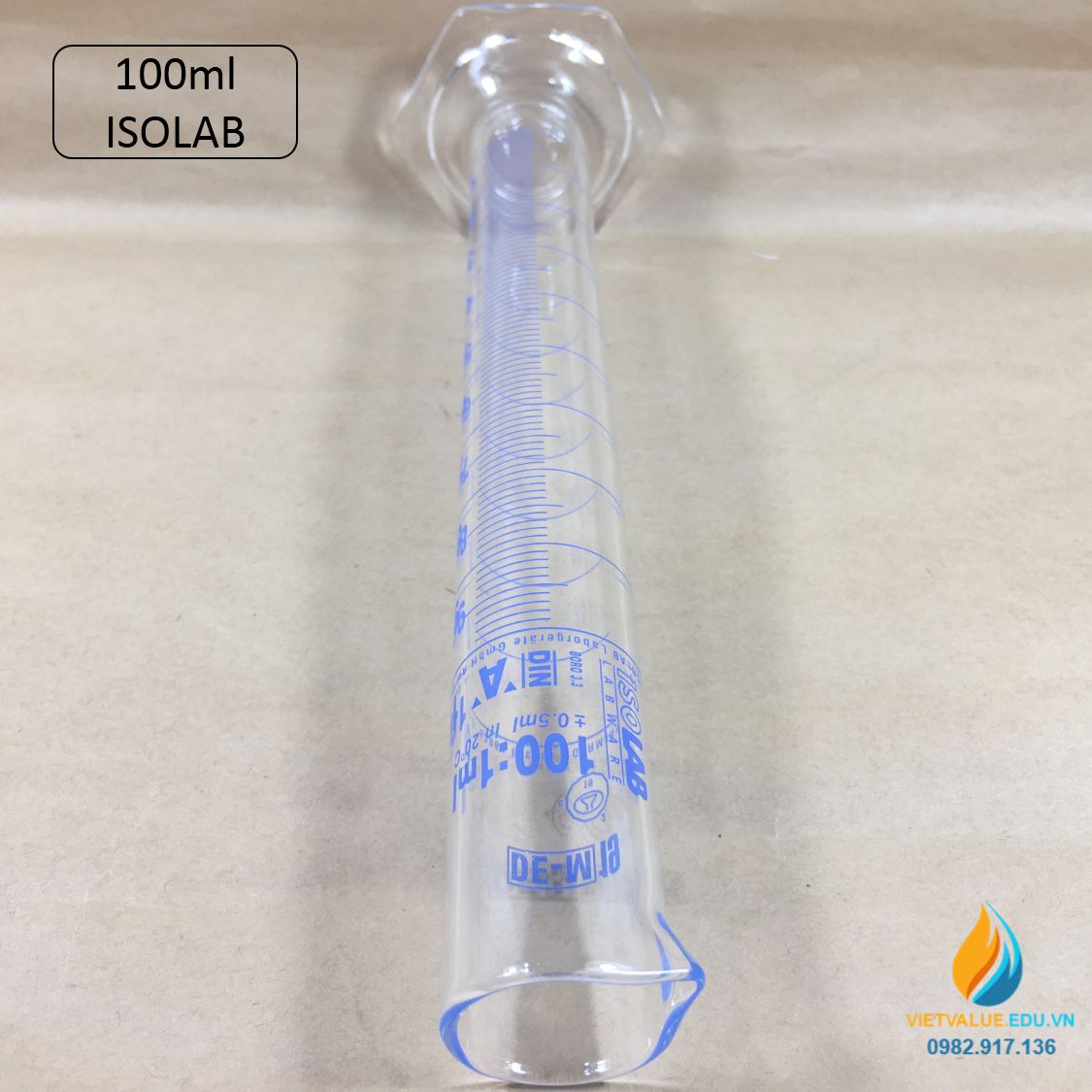 Ống đong thủy tinh, vạch chia, có chân đế, hãng IsoLab , dung tích 100ml
